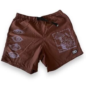 OBEY Easy No Time shorts men's L sepia brown printed relaxed fit nylon eyes